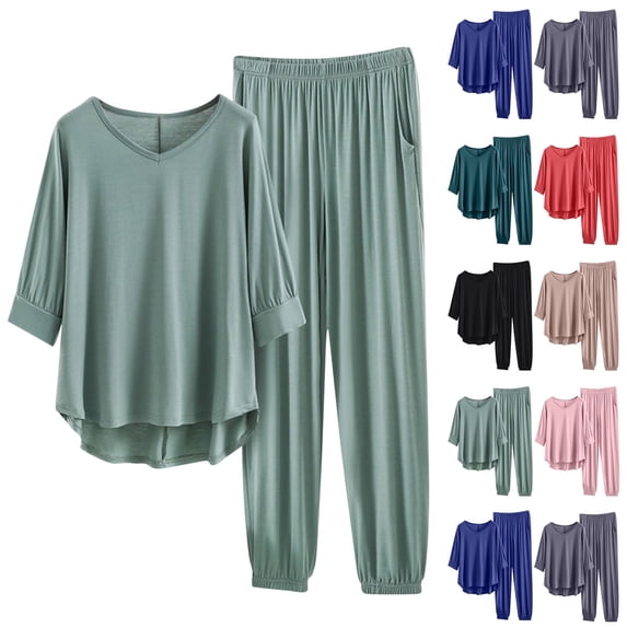Dazajoo Modal Lounge Sets for Women 3/4 Length Sleeve V Neck Tops and Elastic Waist Sleep Pants 2 Piece Pajamas Outfits,Blue,L