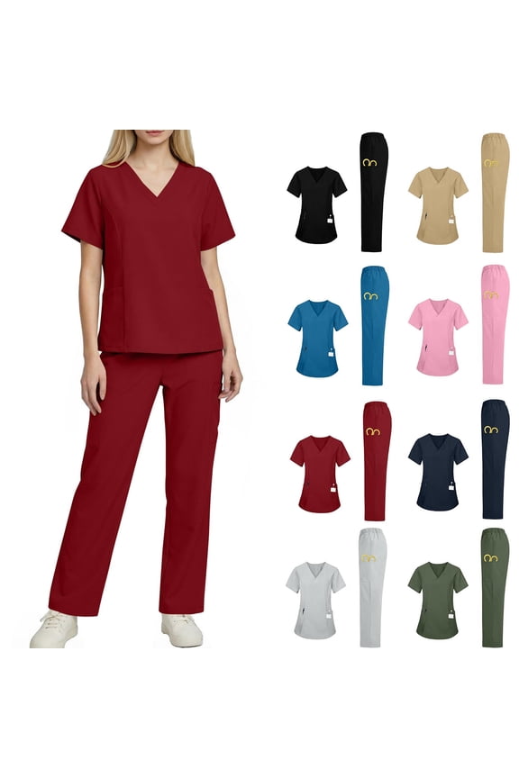 Nursing Uniforms for Women Set 2 Piece V Neck Caregiver Top and Elastic Waist Straight Leg Pants with Pockets Solid Color Scrub Workwear,Red,S