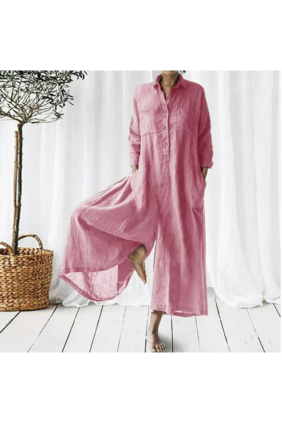 One Piece Jumpsuits for Women Casual Cotton Linen Long Sleeve Coverall Jumpsuit Wide Leg Romper Overalls Pink XL