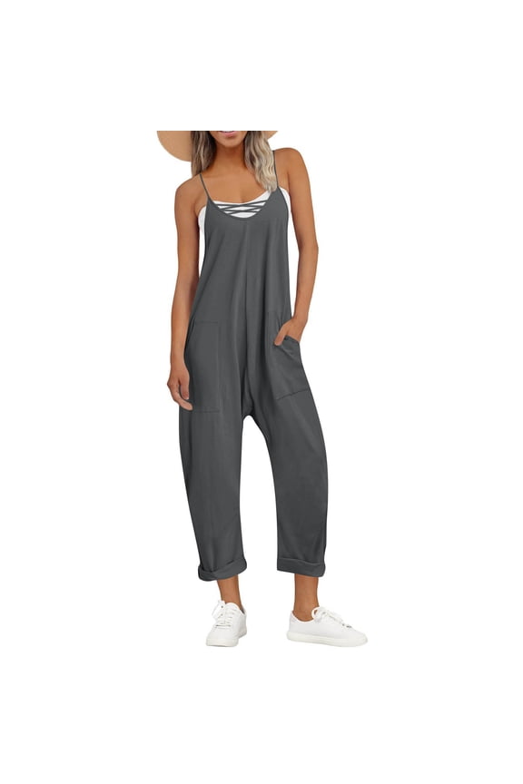 One Piece Jumpsuits for Women Casual Overalls Summer Rompers Trendy Beach Vacation Jumpers with Pockets,Gray,S