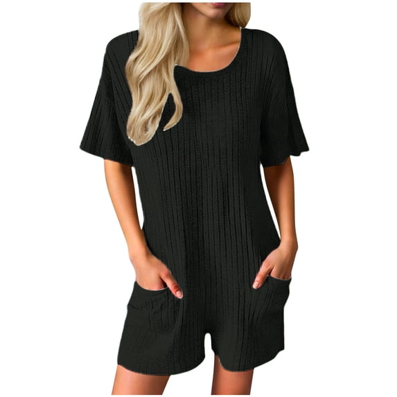Dazajoo One Piece Jumpsuits for Women Shorts Ribbed Knit Round Neck Short Sleeve Rompers with Pockets,Black,XL