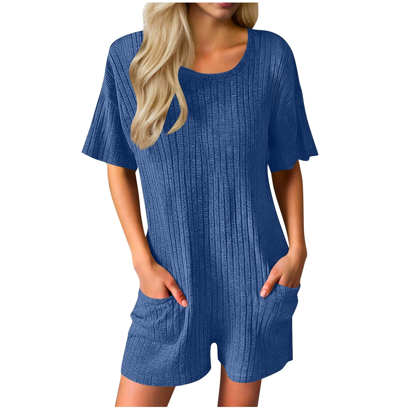 Dazajoo One Piece Jumpsuits for Women Shorts Ribbed Knit Round Neck Short Sleeve Rompers with Pockets,Blue,XL
