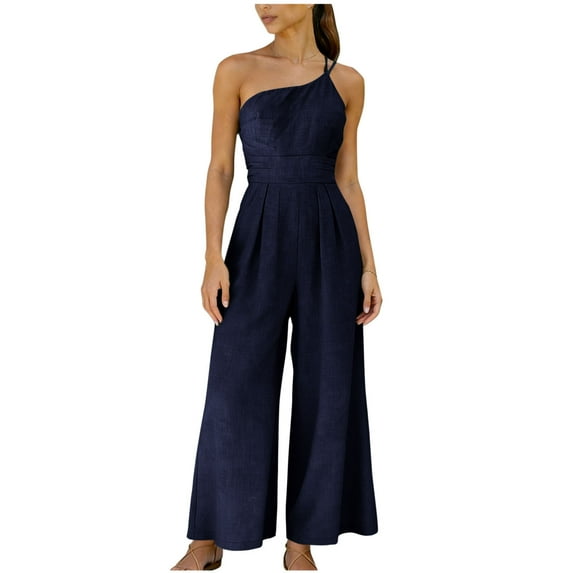 Dazajoo One Shoulder Jumpsuits for Women Dressy Elegant Business Casual Overalls Sleeveless High Waist Wide Leg Rompers,Blue,M