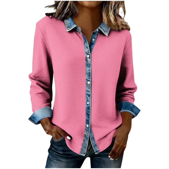 Dazajoo Oversized Button Down Shacket for Women Long Sleeve Waffle Knit Tops Casual Color Block Lapel Collar Shirts with Denim Trim,Pink,XXL