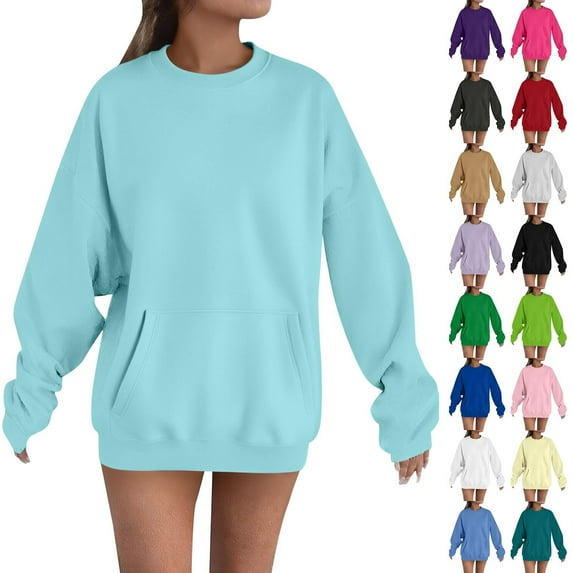 Dazajoo Oversized Crewneck Sweatshirt Women with Pockets Long Sleeve Pullover Casual Workout Tops Fall Fashion Outfits,Khaki,S