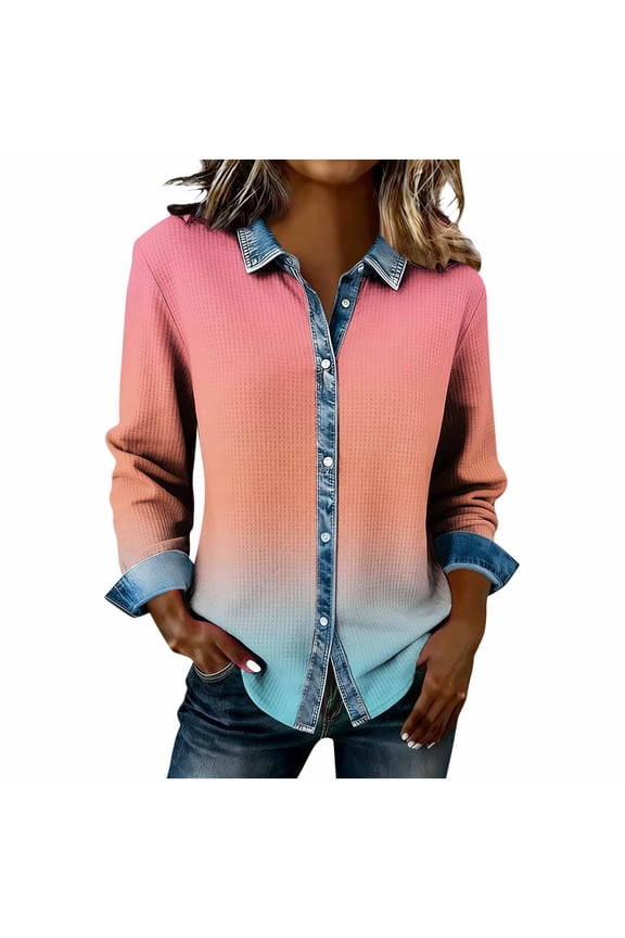 Oversized Gradient Button Down Shirt Women Long Sleeve Waffle Knit Tops Casual Colorblock Lapel Collar Shacket,Orange,XXL