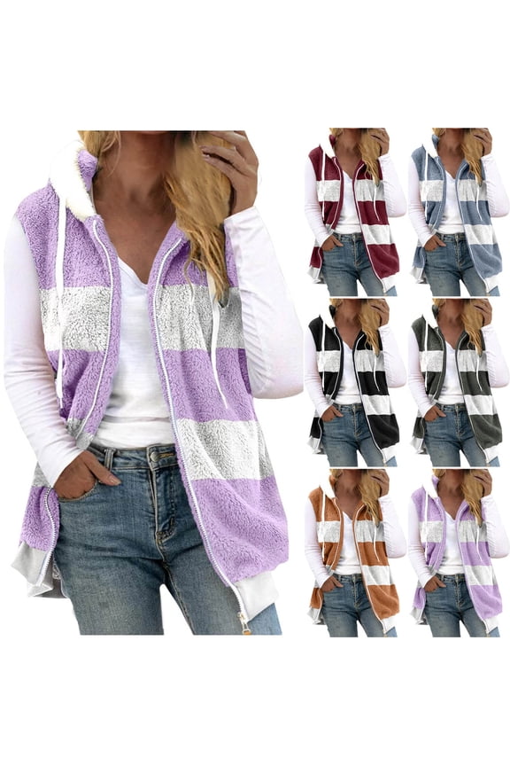 Oversized Sherpa Vest Womens Fuzzy Warm Hooded Vest Color Block Sleeveless Zip Up Jacket with Pockets,Wine,XXXXXL