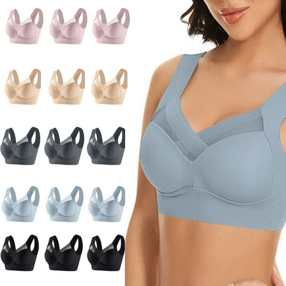 Dazajoo Pack of 3 Seamless Mesh Bras for Women Plus Size Racerback Sports Breathable Bralette 2024 Womens Lightweight Comfortable Soft Thin Lace Underwear,Blue,XL
