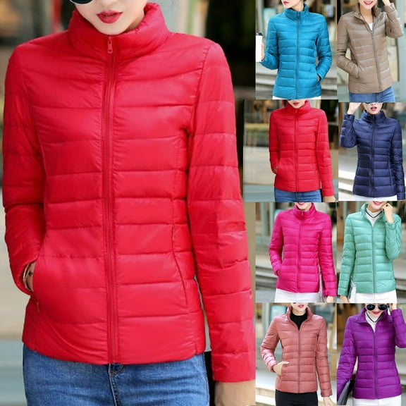 Dazajoo Packable Quilted Jacket Women Lightweight Solid Color Down Jackets Full Zip Winter Short Coats with Pockets,Hot Pink,XL