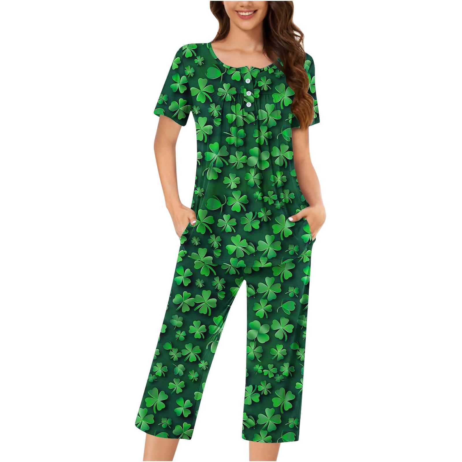 Dazajoo Pajamas for Women Set St Patricks Day Green Clover Short Sleeve ...