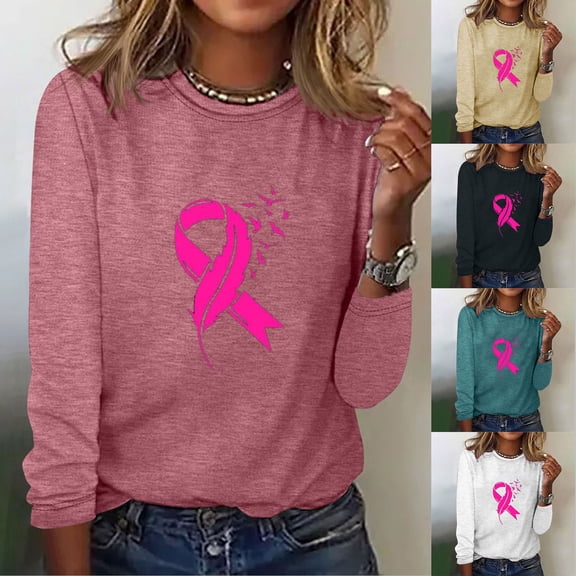 Dazajoo Pink Ribbon Breast Cancer Awareness Sweatshirts for Women Long Sleeve Crewneck Sweater Shirt 2024 Fall Womens Graphic Pullover Tops,White,S
