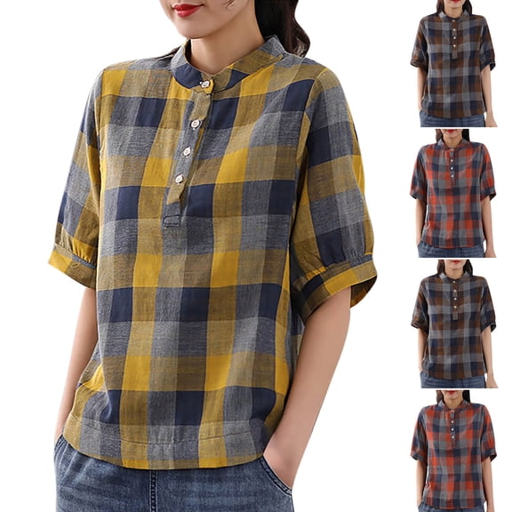 Dazajoo Plaid Linen Shirt for Women Summer Short Sleeve Color Block Blouse Tops with 4 Buttons Casual Lapel T-Shirts,Coffee,M