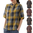 thumbnail image 1 of Dazajoo Plaid Linen Shirt for Women Summer Short Sleeve Color Block Blouse Tops with 4 Buttons Casual Lapel T-Shirts,Coffee,XXL, 1 of 6