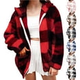 thumbnail image 1 of Dazajoo Plaid Zip Up Hoodie Women Fuzzy Fleece Lined Jackets with Pockets Oversized Winter Sweatshirts,Gray,M, 1 of 7