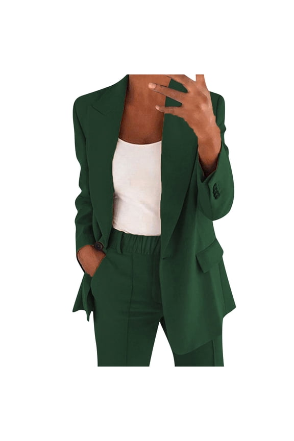 Plus Size 2 Piece Business Outfits for Women Open Front Blazer Matching Elastic Waist Pants Suit Casual Formal Work Sets,Army Green,XXXXXL