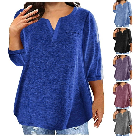 Dazajoo Plus Size 3/4 Sleeve Tops for Women 2024 Trendy Notch V Neck Solid Color Tunic Tee with Pocket Womens Summer Flowy Oversized Shirts,Purple,XXXXXL