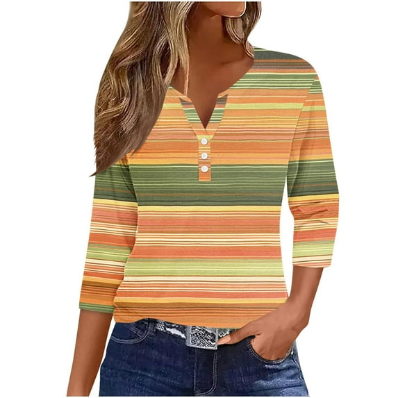 Dazajoo Plus Size 3/4 Sleeve Tops for Women 2024 Summer Trendy Colorful Striped Henley Shirts Womens Rainbow Colorblock V Neck Tunics,Red,XXXL