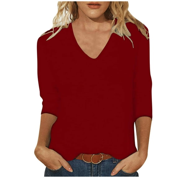 Dazajoo Plus Size 3/4 Sleeve Tops for Women Basic Solid Color Oversized Shirts 2024 Summer Womens Casual V Neck Loose Blouses,Wine,S