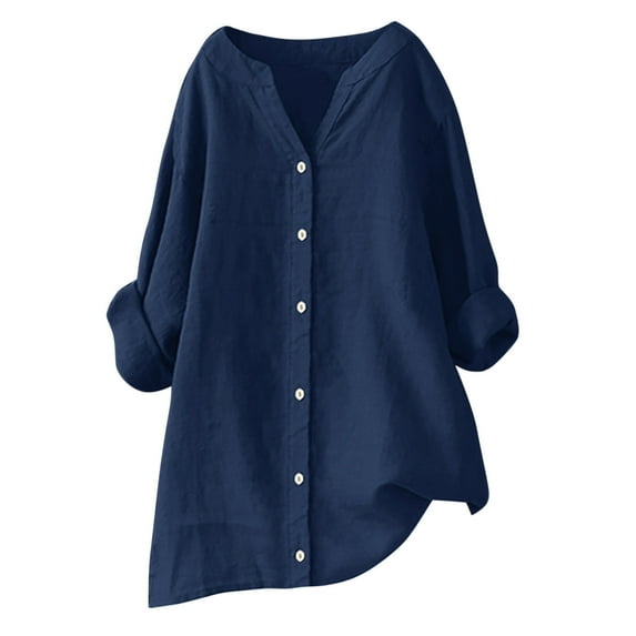 Dazajoo Plus Size 3/4 Sleeve Women Button Up Cotton Linen Tops Summer Basic Solid Color V Neck Tunics for Women 2024 Dressy Casual Oversized Loose Blouses,Navy,XXL