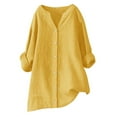 thumbnail image 1 of Dazajoo Plus Size 3/4 Sleeve Women Button Up Cotton Linen Tops Summer Basic Solid Color V Neck Tunics for Women 2024 Dressy Casual Oversized Loose Blouses,Yellow,XXXXXL, 1 of 4