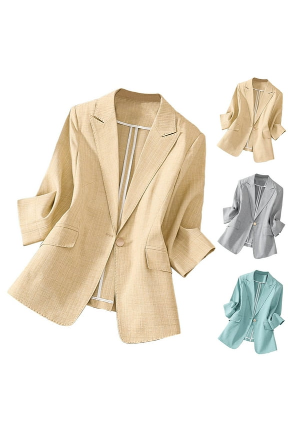 Plus Size Blazers for Women Summer Lightweight 3/4 Sleeve Blazer Dressy Casual Single Button Suit Jacket,Blue,XXL