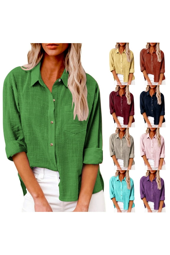 Plus Size Button Down Blouse for Women Casual Cotton Linen Solid Color Summer Shirts 2024 Womens Lapel Long Sleeve Loose Fit Tops,Blue,XL