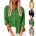 thumbnail image 1 of Dazajoo Plus Size Button Down Tops for Women Cotton Linen Long Sleeve Shirts with Pockets Summer Roll-Up Sleeve Solid Color Lapel Blouses,Khaki,XXL, 1 of 9