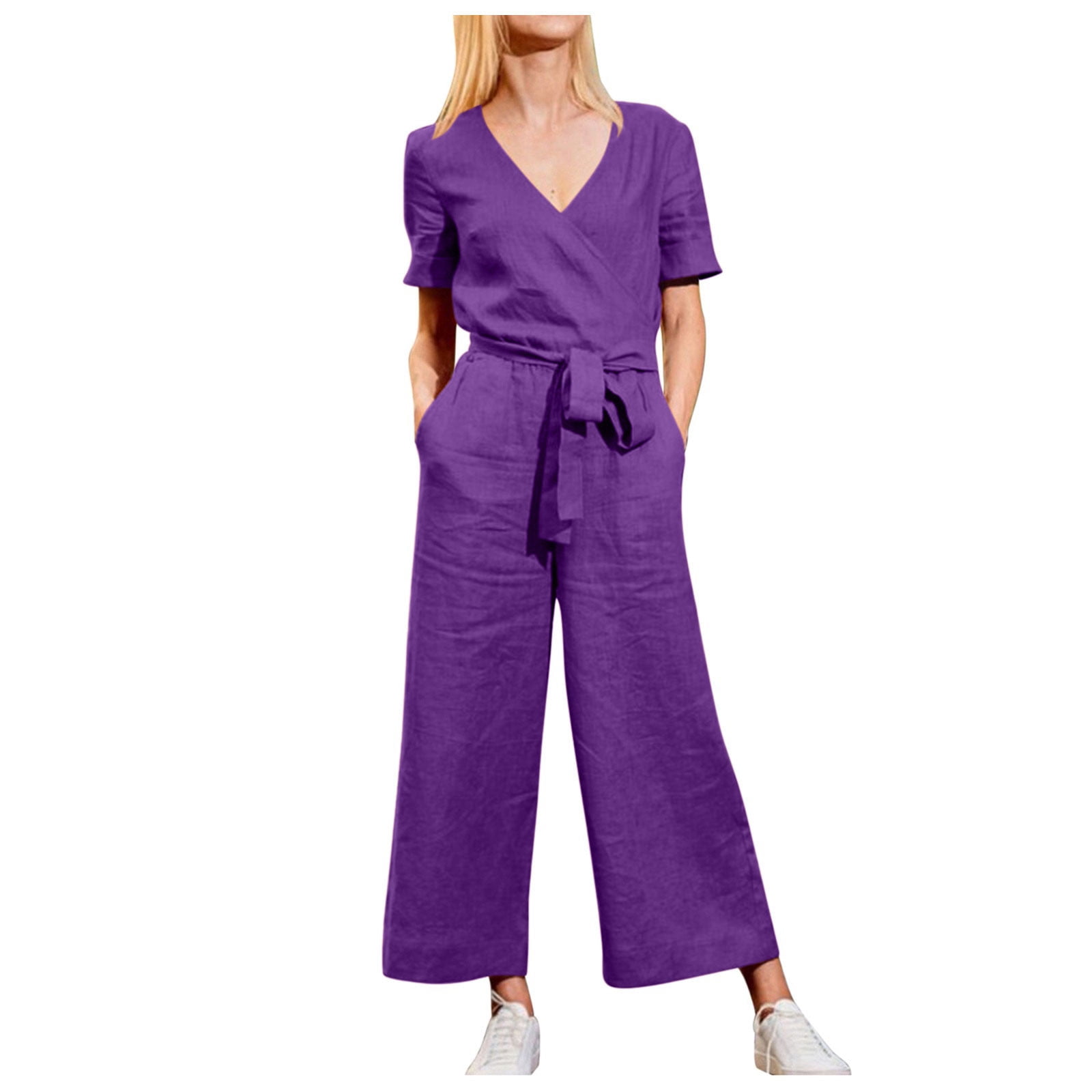 Plus Size Women Summer Casual Pure Color Loose Jumpsuits