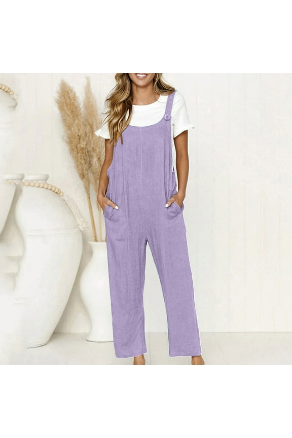 Plus Size Cotton Linen Jumpsuits for Women Sexy V Neck Sleeveless Adjustable Shoulder Strap Casual Loose Fit Long Pants Jumpers 2024 Summer Women's Solid Color Baggy Flowy Rompers,Purple,M