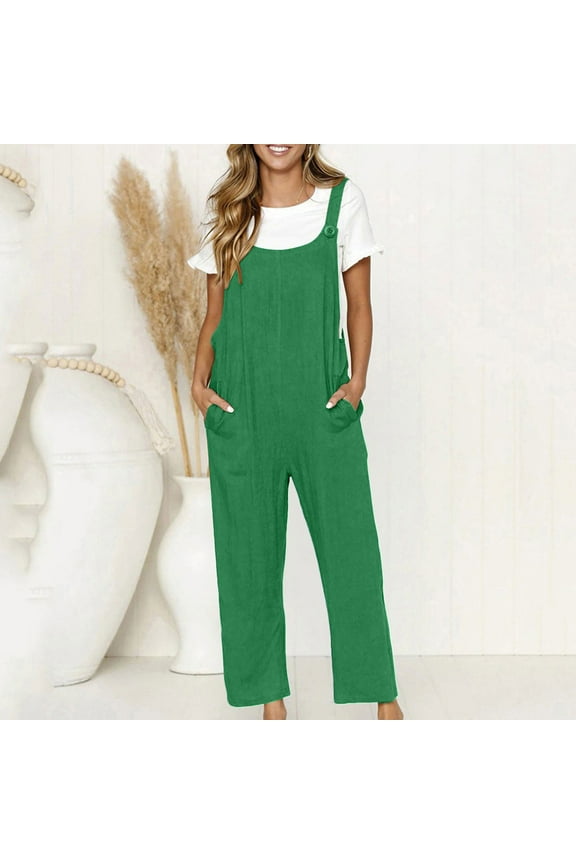 Plus Size Cotton Linen Jumpsuits for Women V Neck Sleeveless Adjustable Shoulder Strap Casual Loose Fit Long Pants Jumpers 2024 Summer Women's Solid Color Baggy Flowy Rompers,Green,XXXL