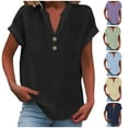 thumbnail image 1 of Dazajoo Plus Size Cotton Linen Shirts for Women Short Sleeve V Neck Henley Tops Summer Casual Button Blouses,Navy,XL, 1 of 7