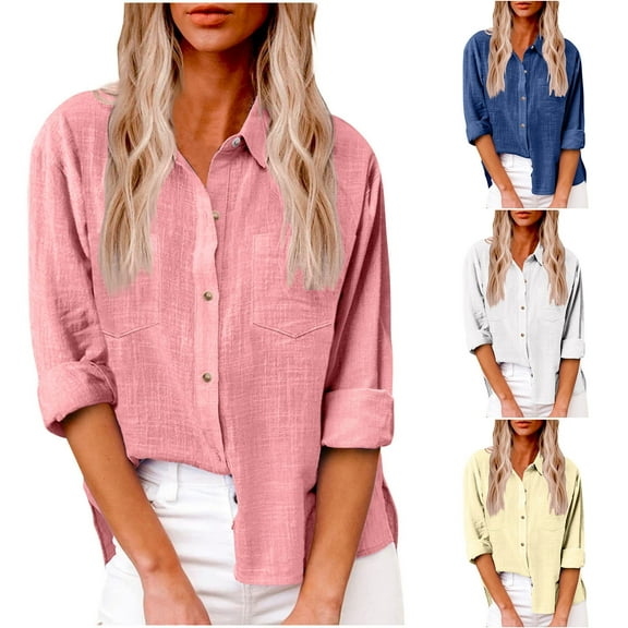 Dazajoo Plus Size Cotton Linen Tops for Women Summer Casual Long Sleeve Roll-Up Sleeve Button Down Shirts Tee with Pocket 2024 Womens Lapel Neck Solid Color Blouses,Dark Blue,XXXXXL