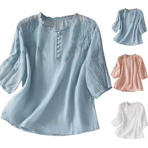 Dazajoo Plus Size Cotton Linen Tops for Women Summer Casual Half Sleeve Round Neck Tshirts Floral Emboridery Vintage Blouses,Pink,XL