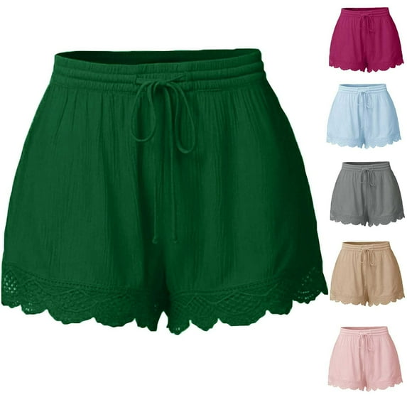 Dazajoo Plus Size Elastic Waist Shorts for Women 2025 Summer Women's Casual Lace Trim Drawstring Shorts Loose Fit Solid Color Shorts,Gray,XXXXXL