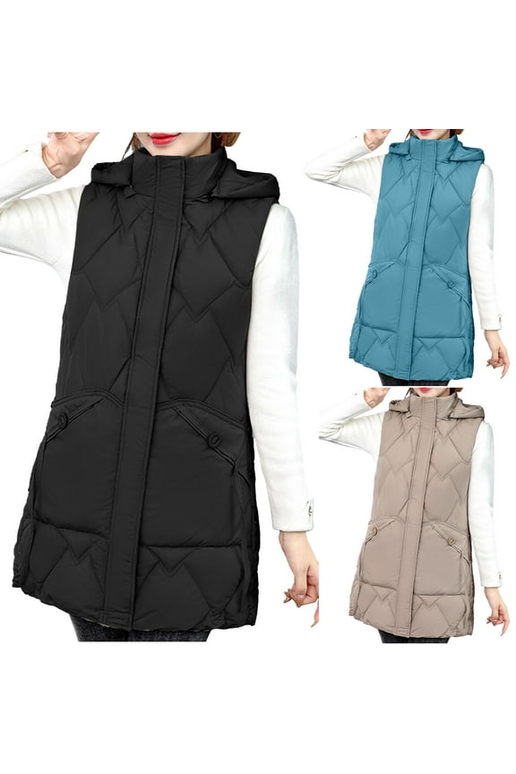 Plus Size Long Hooded Vest for Women Zip Up Sleeveless Puffer Jackets with Pockets Lightweight Winter Warm Quilted Coat,Khaki,XXXXL