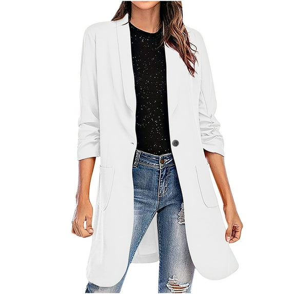 Dazajoo Plus Size Long Sleeve Blazers Womens Dressy Trendy Open Front Work Office Suit Jackets 2024 Fashion Casual Solid Color Lapel Long Blazer Jacket for Women,White,XL
