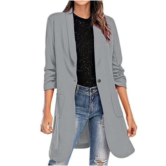 Dazajoo Plus Size Long Sleeve Blazers Womens Dressy Trendy Open Front Work Office Suit Jackets 2024 Fashion Casual Solid Color Lapel Long Blazer Jacket for Women,Gray,S