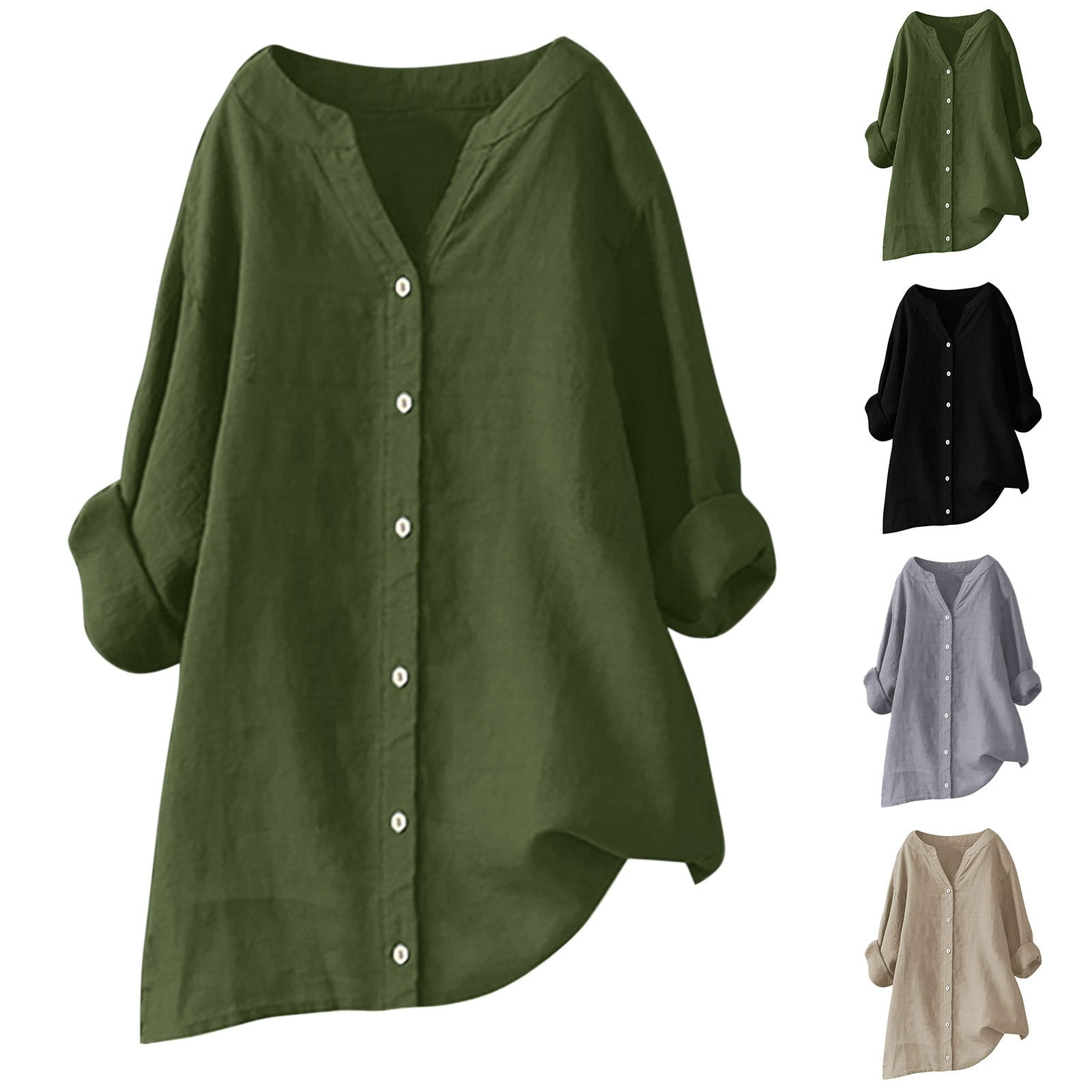 Plus Size Long Sleeve Linen Shirts for Women Summer Solid Color Button Down Tunic Blouses Casual V Neck Tees,Army Green,L