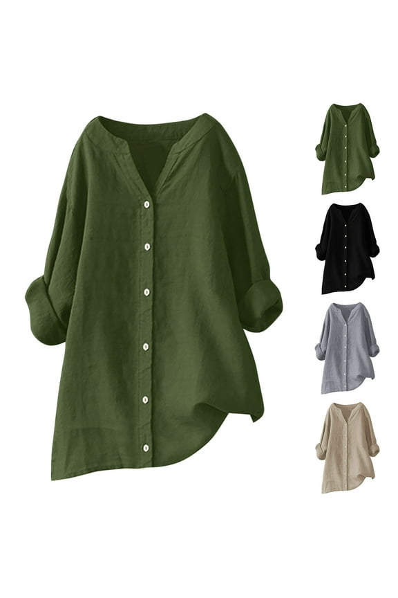 Plus Size Long Sleeve Linen Shirts for Women Summer Solid Color Button Down Tunic Blouses Casual V Neck Tees,Army Green,XXL