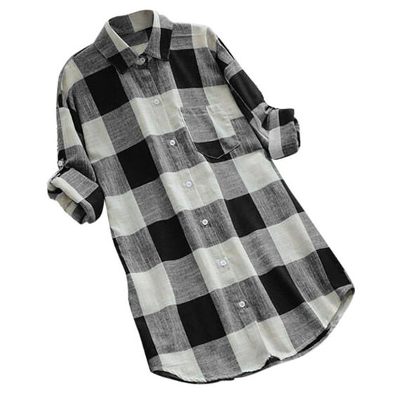 Dazajoo Plus Size Long Sleeve Plaid Shirts for Women 2024 Fall Trendy Flowy Hem Button Down Blouses Womens Casual Lapel Tunic Tops Deals Today,Black,M