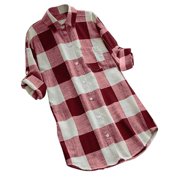 Dazajoo Plus Size Long Sleeve Plaid Shirts for Women 2024 Fall Trendy Flowy Hem Button Down Blouses Womens Casual Lapel Tunic Tops Today's Deals,Red,L
