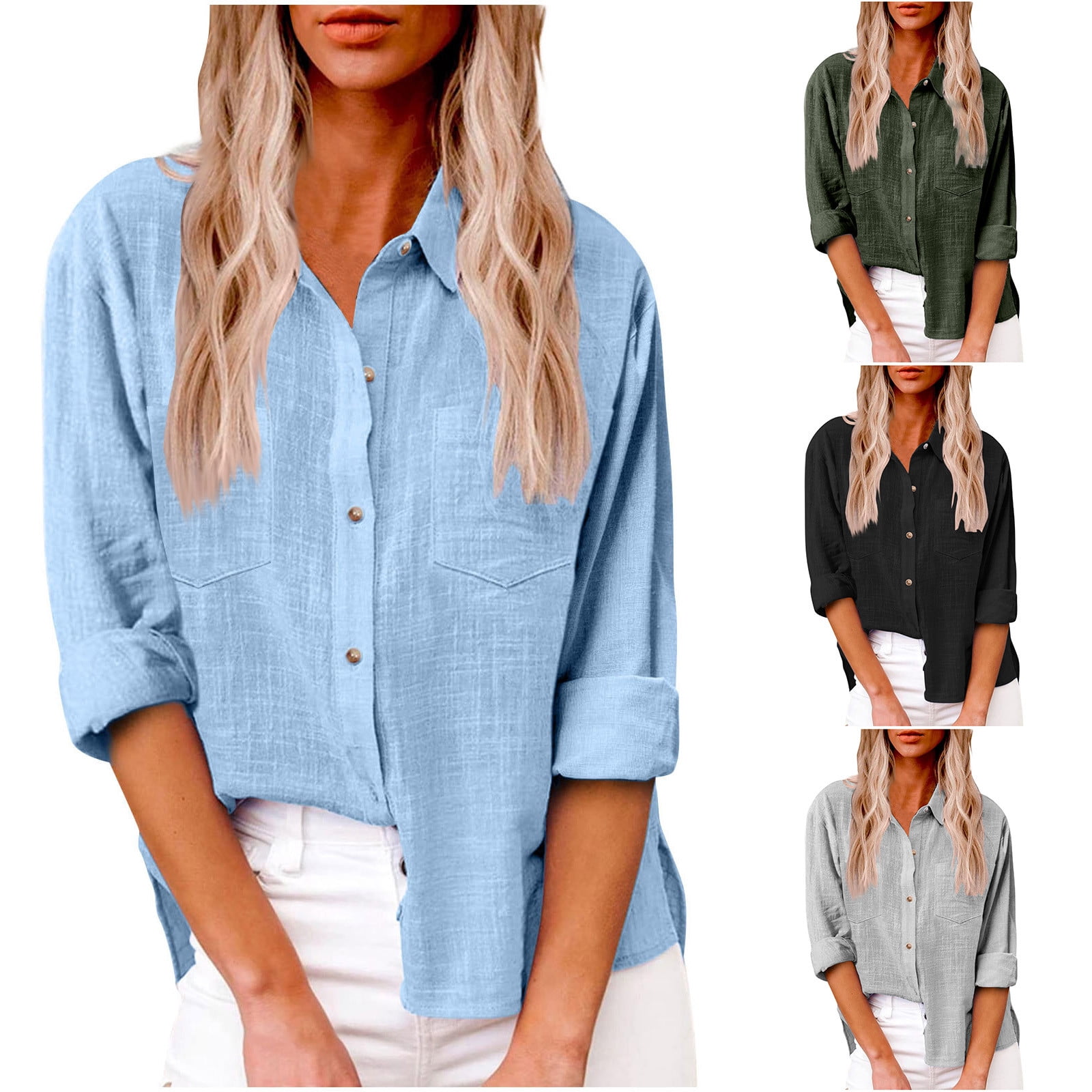 Dazajoo Plus Size Long Sleeve Tops for Women Basic Solid Color Cotton ...