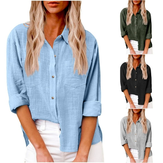 Dazajoo Plus Size Long Sleeve Tops for Women Basic Solid Color Cotton Linen Blouses with Pocket 2024 Summer Womens Casual Button Down Lapel Neck Shirts,Gray,XL