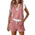thumbnail image 1 of Dazajoo Plus Size Lounge Sets for Women Casual Ruffle Cap Sleeve Shirts Matching Drawstring Shorts Sweatsuits Summer Beach Vacation Set,Pink,XXXL, 1 of 9