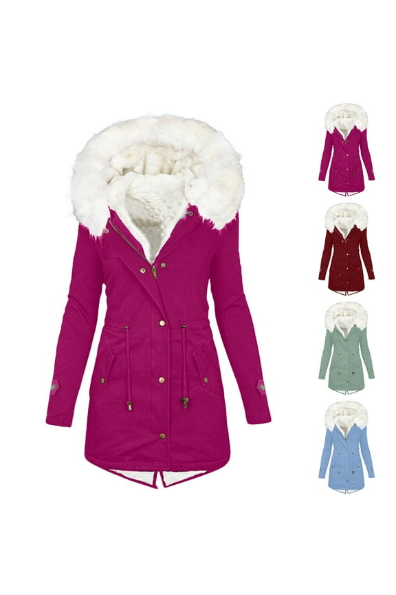 Plus Size Puffer Jackets for Women with Fur Faux Thicken Fleece Lined Parka Coats Winter Mid Length Warm Outerwear,Hot Pink,M