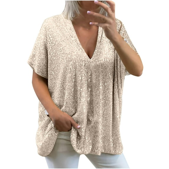 Dazajoo Plus Size Sequin Tops for Women Deep V Neck Solid Color Shirts 2024 Summer Womens Casual Short Sleeve Loose Blouses,Gold,L