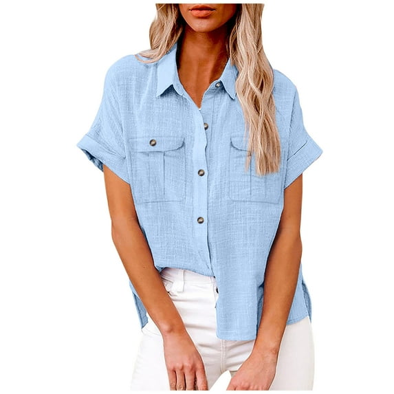 Dazajoo Plus Size Short Sleeve Cotton Linen Shirts for Women Summer Dressy Trendy Button Down Solid Color Lapel Blouses with 2 Pockets 2024 Women Casual Tops Clearance Sale,Light Blue,XXL