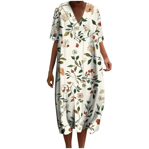 Dazajoo Plus Size Short Sleeve Dress for Women 2025 Summer V Neck Floral Bohemian Sundress Vacation Beach Midi Dresses with Pockets,Beige,L