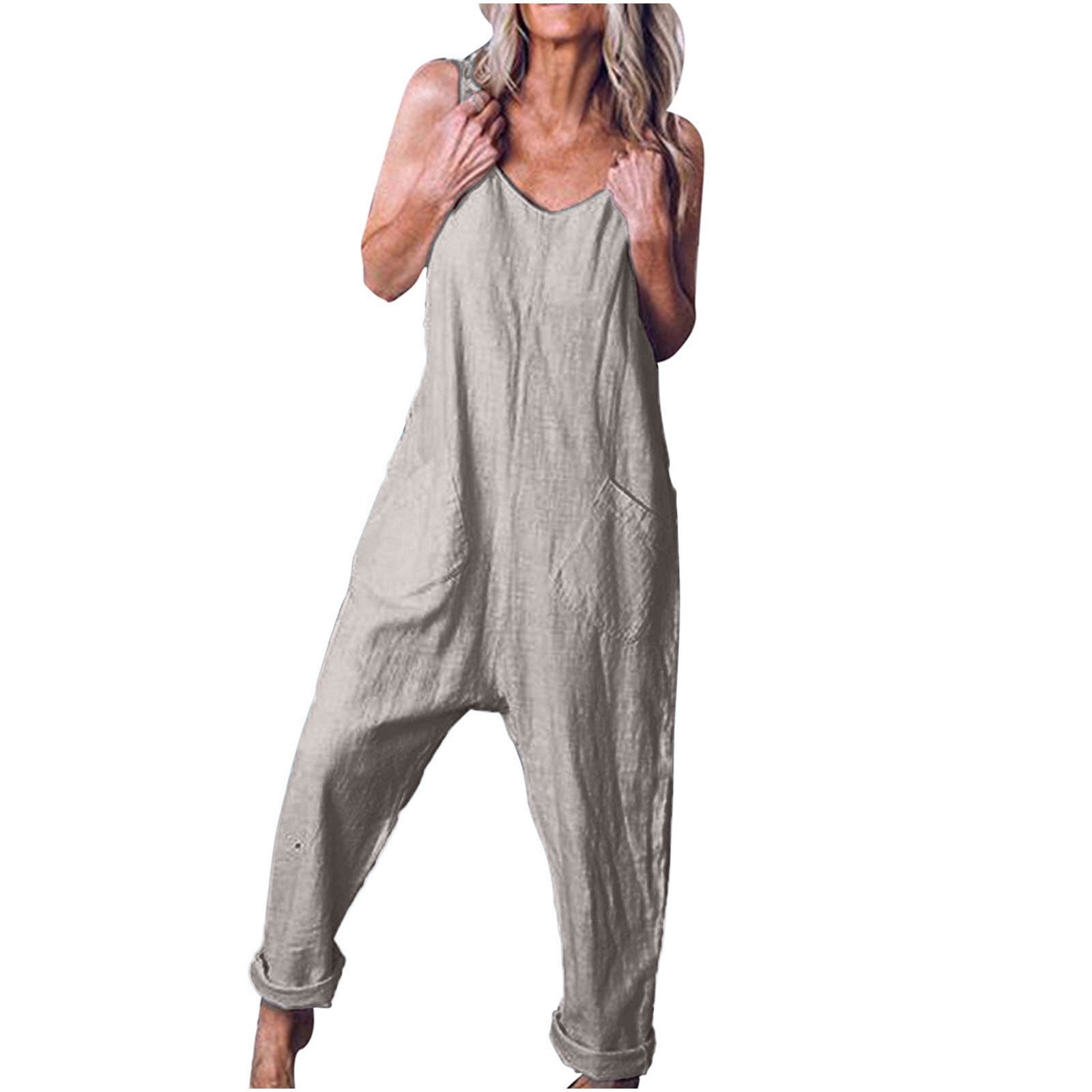 Dazajoo Plus Size Solid Color Cotton Linen Jumpsuits for Women V Neck ...