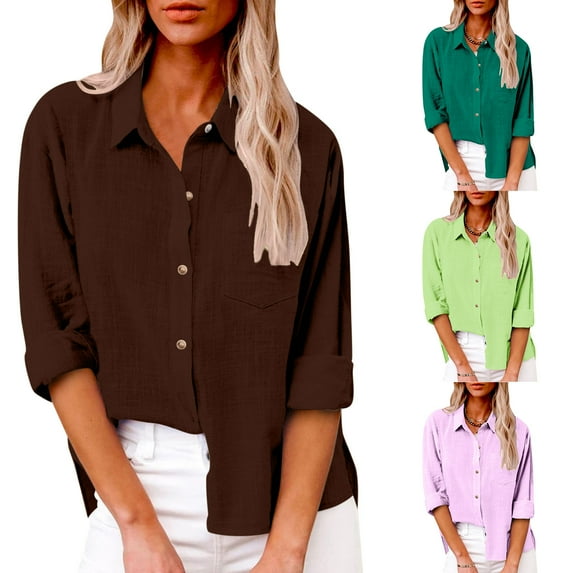 Dazajoo Plus Size Solid Color Tunic Tops for Women Loose Fit Long Sleeve Cotton Linen Shirts with Pocket 2024 Summer Womens Lapel Neck Button Down Blouses,Mint Green,XL